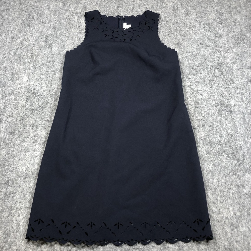 J.Crew Dress Womens 6 Petite Navy Blue Shift Laser Cut Eyelet Scallop Hem